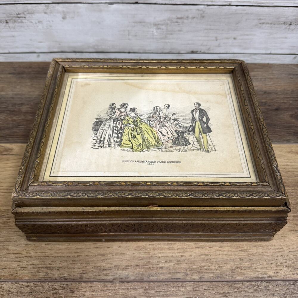 Vintage JEWELRY VANITY BOX ANTIQUE GLASS TOP Paris Fashion SCENE Embossed Wood